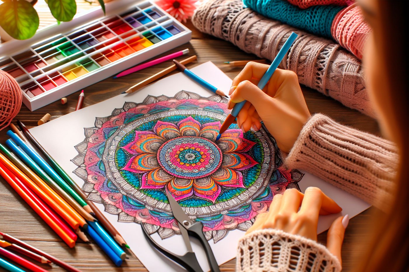 una mujer se relaja coloreando un libro de mandalas para adultos